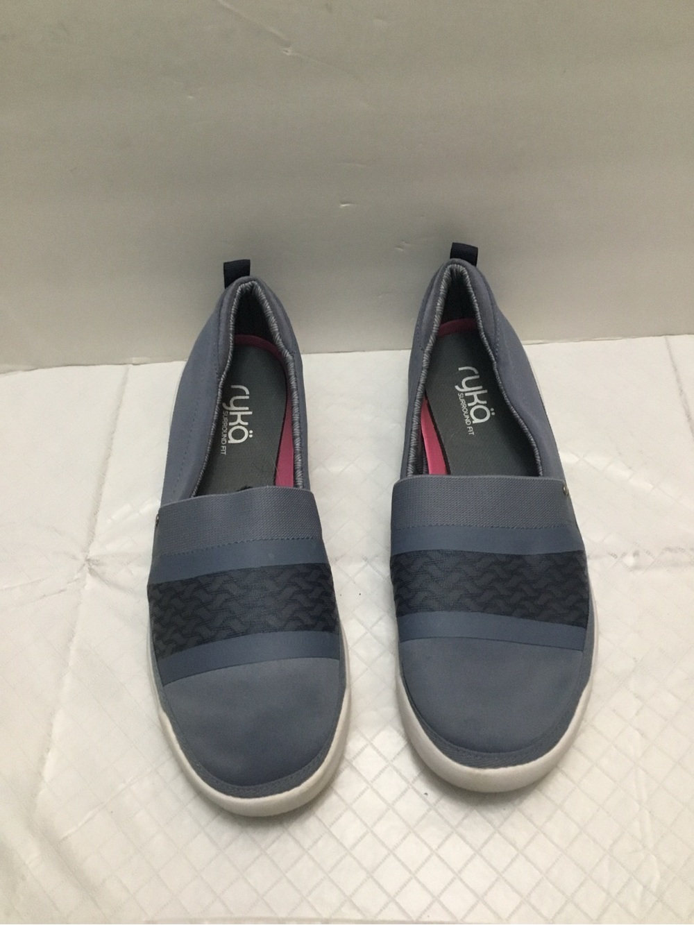 Ryka Slate‎ Gray Slip-On Sneakers Navy Accent Elastic Straps Size 10